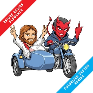 May include: A cartoon illustration of Jesus in a sidecar giving a peace sign, and the devil riding a blue motorcycle, giving the middle finger. The image has text that says "UNIQUE DESIGN ELEMENTS" and "COLORIZED VECTOR SERIES".