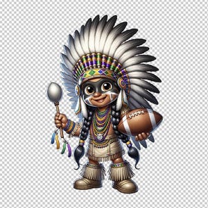 Clipart coloré de mardi gras du chef indien tenant le football - graphique PNG Transparent original, téléchargement numérique instantané, conception d'art unique