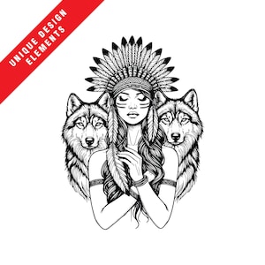 Native American Frau mit Wolf Paar Clipart - EPS, SVG, PNG, Original Vektor Clipart, sofortiger digitaler Download, Einzigartiges indisches Design, Kunst!