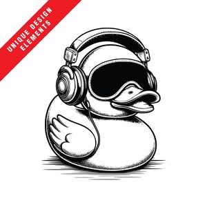May include: A black and white illustration of a rubber duck wearing headphones and goggles. The duck has a large beak and a round body.