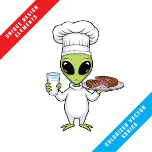 May include: Cartoon illustration of a green alien chef wearing a white chef's hat and uniform. The alien holds a glass of milk in one hand and a plate with two steaks in the other. The image has text that says "UNIQUE DESIGN ELEMENTS" and "COLORIZED VECTOR SERIES".