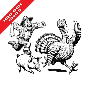 Clipart di un contadino eccentrico che insegue un maiale e un tacchino per cena - EPS SVG PNG, illustrazione vettoriale originale, download digitale istantaneo, buon Ringraziamento!