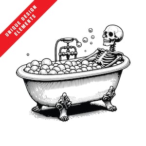 Puede incluir: Una ilustración en blanco y negro de un esqueleto relajándose en una bañera con patas de garra llena de burbujas. El esqueleto sonríe y tiene los brazos extendidos. La bañera tiene un grifo y se apoya en cuatro patas.