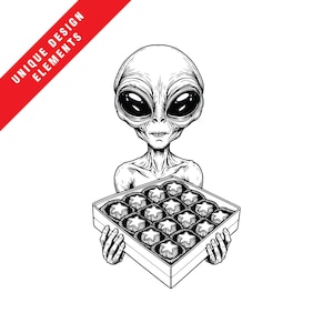 Clipart de caja de dulces con forma de estrella y extraterrestre de San Valentín - EPS SVG PNG, ilustración vectorial original, descarga digital instantánea, ¡arte de otro mundo!