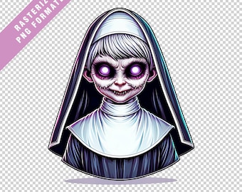 May include: A digital illustration of a nun with pale skin, a dark habit, and a white wimple. The figure has glowing purple eyes, a wide grin with visible teeth, and a sinister expression. The text RASTERIZED PNG FORMATTED appears in the corner.