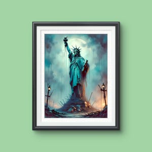 May include: Framed art print featuring a teal and blue depiction of the Statue of Liberty. The artwork has a dark, apocalyptic theme with a full moon in the background and a distressed landscape.