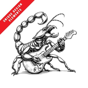 May include: Black and white illustration of a scorpion playing an electric guitar. The scorpion has a detailed, segmented body and a long, curved tail. The guitar has a classic design with a single cutaway and a set of six tuning pegs.