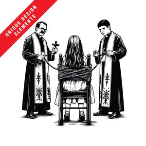 Junges Mädchen Possession EPS, SVG, PNG, Clipart - 2 Priester, die Exorzismus durchführen, ursprüngliche Vektor-Illustration, sofortiger digitaler Download, einzigartig