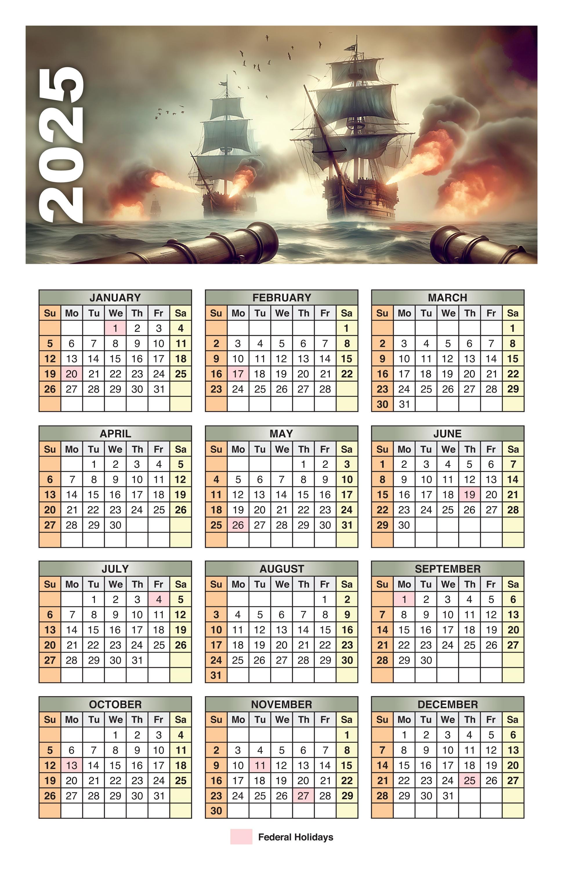 Pirate Ship 2025 Calendar 11 X 17 Printable Nautical Wall Art Digital Download PDF, Printable Nautical Planner, Instant Download, - Etsy