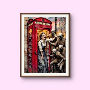Puede incluir: Una impresión enmarcada muestra a una mujer gritando de terror, saliendo de una cabina telefónica roja. Está rodeada de figuras esqueléticas. La palabra "TELEPHONE" es visible en la cabina. La escena tiene lugar en una calle de la ciudad.