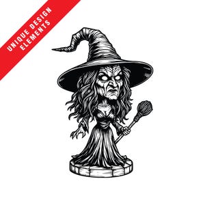 May include: Black and white illustration of a witch with a pointed hat and a broom. She is wearing a long dress and has a stern expression on her face.