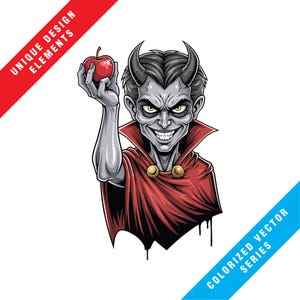 Puede incluir: Ilustración de un personaje diabólico con piel gris, cuernos negros y una capa roja sosteniendo una manzana roja. La imagen contiene el texto "UNIQUE DESIGN ELEMENTS" y "COLORIZED VECTOR SERIES".