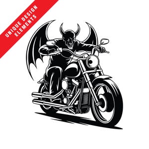 Puede incluir: Ilustración en blanco y negro de un diablo montando en una motocicleta. El diablo tiene cuernos y alas, y está sonriendo. La motocicleta tiene un neumático delantero grande y un faro redondo. El texto "UNIQUE DESIGN ELEMENTS" está en una pancarta roja.