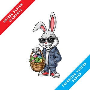 May include: A cartoon illustration of a gray rabbit wearing sunglasses, a denim jacket, and red sneakers, holding a basket filled with Easter eggs. The image has text that says "UNIQUE DESIGN ELEMENTS" and "COLORIZED VECTOR SERIES".