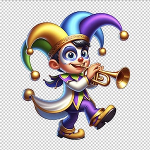 Mardi Gras Jester Clipart Set - Trompete EPS, SVG, PNG, Original Illustration, Sofortiger digitaler Download, Nola Joker, Unikat!