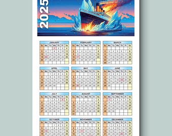 2025 Titanic Wreck Calendar - Digital Download PDF, Instant Download Titanic In Flames 2025 Calendar - Printable Wall Art, Historic Voyage