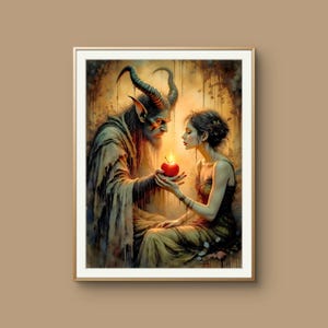 Puede incluir: Una obra de arte enmarcada representa una escena fantástica. Una figura con cuernos ofrece una manzana roja brillante a una mujer con un vestido fluido. La obra de arte tiene una paleta de colores cálidos con detalles en la ropa y el fondo.