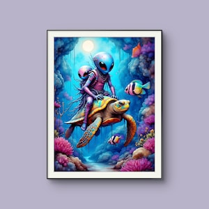 May include: A framed art print featuring a whimsical scene of two aliens riding a sea turtle through an underwater landscape. The artwork is vibrant with blues, purples, and yellows, and includes fish and a full moon.