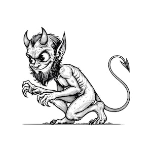 Puede incluir: Ilustración en blanco y negro de una criatura diabólica con cuernos, barba y una larga cola con punta de flecha. La criatura está agachada, con garras afiladas y una expresión amenazante. La obra de arte está detallada con sombreado cruzado.