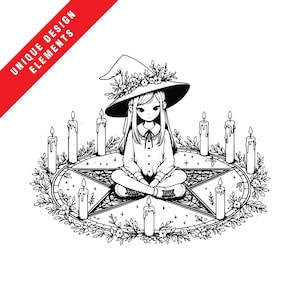 May include: A black and white illustration of a witch sitting in a circle of candles. The witch is wearing a pointed hat with flowers and a long dress. The candles are arranged in a circle around her, and there is a pentagram in the center of the circle.