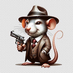 Könnte beinhalten: Eine Comic-Maus, die einen braunen Fedora und einen braunen Anzug mit einer roten Krawatte trägt und eine silberne Pistole hält. Die Maus hat ein weißes Gesicht und einen braunen Schwanz.