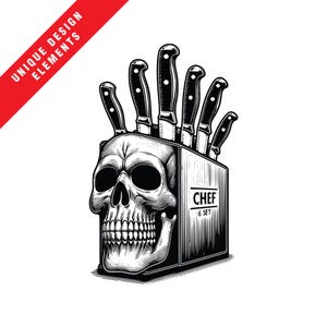 Unique Skull Chef Knife Box, EPS, SVG, PNG Clipart Set - 6pc Cutlery Bundle, Original Vector Illustration, Instant Digital Download, Sharpe!