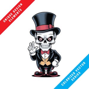 May include: Cartoon illustration of a skull wearing a black top hat with a red band, a black suit, and a red bow tie. The skull is giving a hand gesture. The image includes the text "UNIQUE DESIGN ELEMENTS" and "COLORIZED VECTOR SERIES".