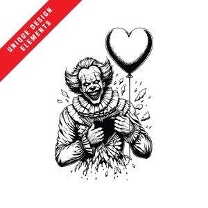 Paquete de imágenes prediseñadas de globos de amor de payaso espeluznante: EPS SVG PNG, ilustración vectorial original, descarga digital instantánea, diseño de arte de terror de San Valentín