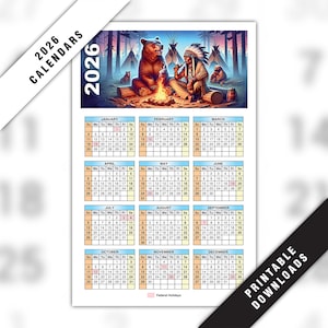May include: 2026 calendar with a Native American and bear illustration. The calendar features monthly grids with dates, and the words "2026 Calendars" and "Printable Downloads."