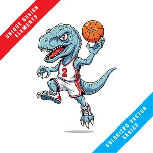 May include: A cartoon illustration of a blue tyrannosaurus rex wearing a white basketball jersey with the number 2 and red trim, white sneakers, and holding an orange basketball. The image includes the text UNIQUE DESIGN ELEMENTS and COLORIZED VECTOR SERIES.