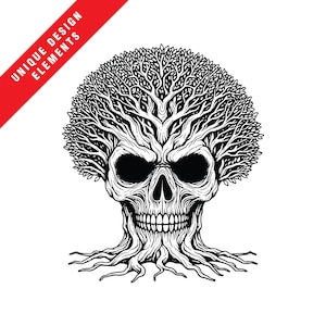 May include: Black and white illustration of a skull with a tree-like design. The skull's eye sockets are dark voids, and the top of the skull is a canopy of branches and leaves. The text "UNIQUE DESIGN ELEMENTS" is in a red banner.
