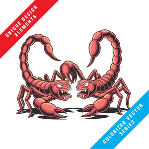 May include: Illustration of two red scorpions facing each other, with open mouths and raised claws. The image includes the text "UNIQUE DESIGN ELEMENTS" and "COLORIZED VECTOR SERIES" on a white background.