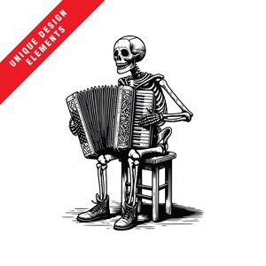 Skelett spielt Akkordeon Clipart-Set - EPS SVG PNG Bundle, Original Vektor Illustration, sofortiger digitaler Download, Gothic Musical Grafik!