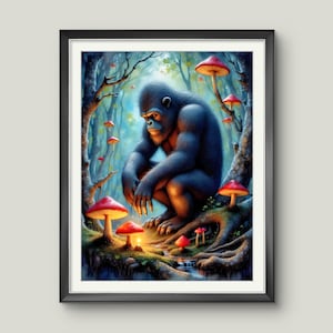 Bigfoot Magic Mushroom Forest Art: Whimsical Sasquatch Print (Digital Download)