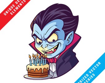 Chibi Vampire And Birthday Cake Clipart Bundle | EPS, SVG, PNG Colored Vector Graphics