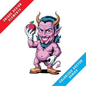 May include: A cartoon illustration of a purple devil holding a red apple. The devil has horns, blue hair, and a goatee. The image includes the text "UNIQUE DESIGN ELEMENTS" and "COLORIZED VECTOR SERIES".
