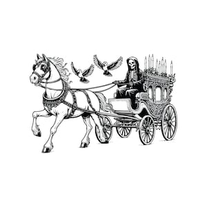May include: A black and white illustration of a skeletal figure riding in a horse-drawn carriage. The carriage is adorned with candles and the horse is pulling the carriage forward. Two birds are flying in the background.
