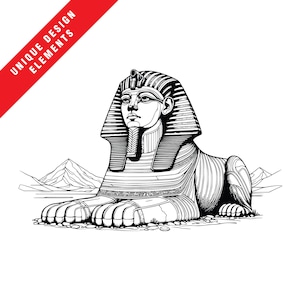May include: Black and white illustration of the Great Sphinx of Giza, a mythical creature with a lion's body and a human head. The image includes the text "UNIQUE DESIGN ELEMENTS" in a red banner.