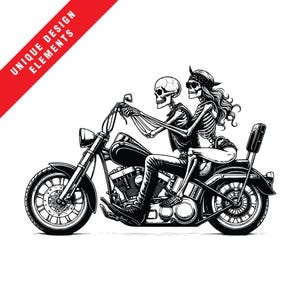 Skelett Paar Motorrad Clipart-Set - EPS, SVG, PNG Dateien, Originale Illustration, Sofortiger digitaler Download, Einzigartige Retro Bike Kunst