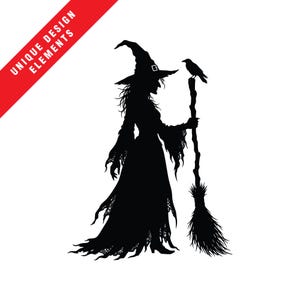 May include: A black silhouette graphic of a witch wearing a pointed hat and a long, tattered dress. The witch holds a broomstick with a small bird perched on top. A red diagonal banner in the top left corner contains the text UNIQUE DESIGN ELEMENTS.