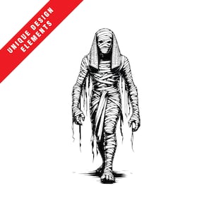 May include: Black and white illustration of a mummy, wrapped in bandages, with a detailed design. The mummy is standing and facing forward. The text "UNIQUE DESIGN ELEMENTS" is in a red banner in the upper left corner.