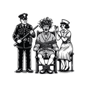 May include: A black and white illustration of a man tied to a chair with a police officer standing to the left and a woman in a nurse's uniform standing to the right. The man has wild hair and is screaming. The police officer is holding a nightstick. The nurse is holding a syringe.