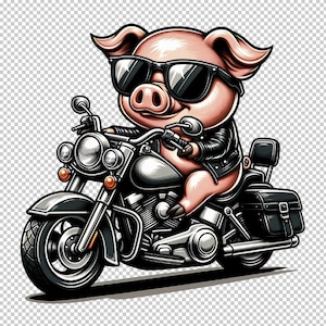 Ilustración de cerdo y cerdo de motocicleta vintage - imágenes prediseñadas PNG digitales, descarga digital instantánea retro, gráficos imprimibles, diseño de 300 DPI, camiseta