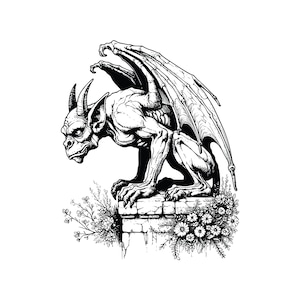 Pacchetto di clipart di Gargoyle gotico appollaiato su una sporgenza - EPS, SVG, PNG, illustrazione vettoriale originale, download digitale istantaneo, mostri medievali