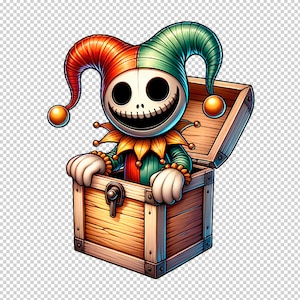 Może przedstawiać: Ilustracja kreskówki przedstawiająca błazna wychodzącego z drewnianej skrzyni ze skarbami. Błazen ma białą twarz w kształcie czaszki z szerokim uśmiechem, nosi czerwono-zielony kapelusz i kołnierz. Skrzynia jest otwarta.