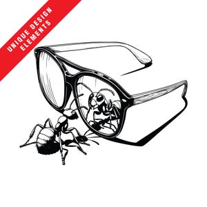 May include: Black and white illustration of a pair of sunglasses with an ant reflected in the lenses.