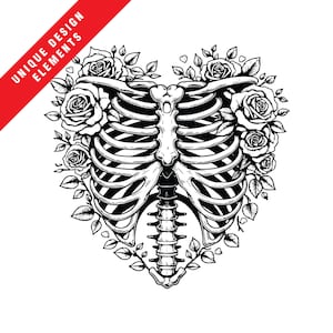 Caixa torácica de esqueleto em forma de coração com detalhes em rosas - EPS SVG PNG Clipart, Ilustração vetorial original, Download digital instantâneo, Design floral