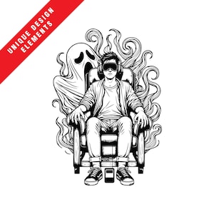 May include: Black and white illustration of a person wearing a virtual reality headset and headphones, sitting in a chair with a ghost behind them. The person is wearing a jacket and jeans. The ghost is transparent and has a face with a mouth open in a scream.