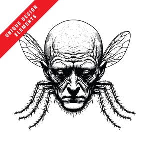 Mosca assustadora com cabeça humana EPS, SVG, PNG Clipart Bundle - Ilustração vetorial original, download digital instantâneo, design gótico de terror