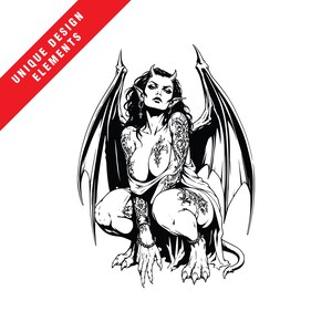 May include: A black and white graphic illustration of a winged demon with horns, pointed ears, and intricate tattoos on the arms and chest. The figure is in a crouching position with clawed hands and feet, featuring the text UNIQUE DESIGN ELEMENTS.